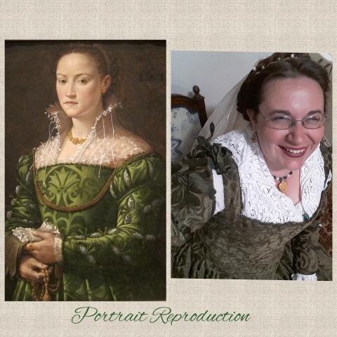 Lady in Green by Bronzino from mid 16th century Florence. Portrait currently at the San Diego Museum of Art. I recreated this using a modern cut velvet and silk.
